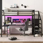 Lit mezzanine double/grand format en métal avec bureau en L et port USB, cadre de lit mezzanine avec armoire, étagère réglable et lumières LED, noir/blanc cassé - ModernLuxe
