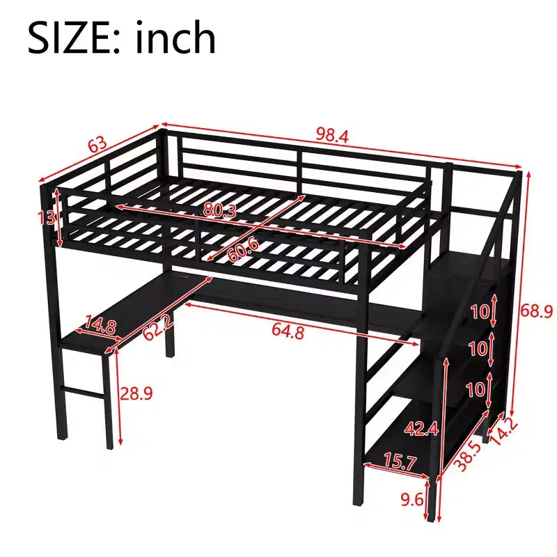 Lit mezzanine double/grand format en métal avec bureau en L et port USB, cadre de lit mezzanine avec armoire, étagère réglable et lumières LED, noir/blanc cassé - ModernLuxe