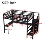 Lit mezzanine double/grand format en métal avec bureau en L et port USB, cadre de lit mezzanine avec armoire, étagère réglable et lumières LED, noir/blanc cassé - ModernLuxe