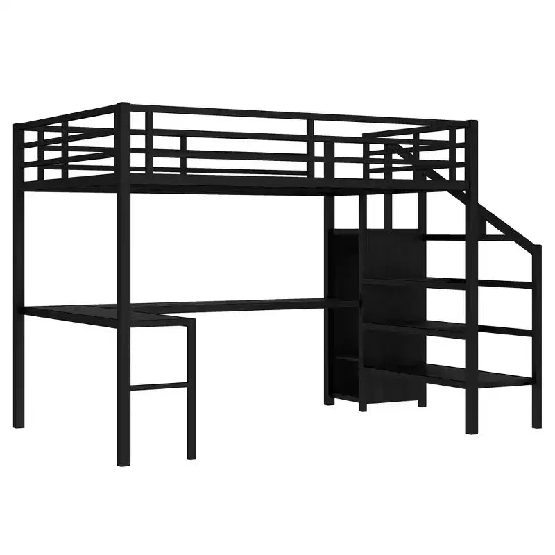 Lit mezzanine double/grand format en métal avec bureau en L et port USB, cadre de lit mezzanine avec armoire, étagère réglable et lumières LED, noir/blanc cassé - ModernLuxe