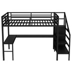 Lit mezzanine double/grand format en métal avec bureau en L et port USB, cadre de lit mezzanine avec armoire, étagère réglable et lumières LED, noir/blanc cassé - ModernLuxe