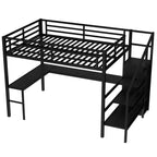 Lit mezzanine double/grand format en métal avec bureau en L et port USB, cadre de lit mezzanine avec armoire, étagère réglable et lumières LED, noir/blanc cassé - ModernLuxe
