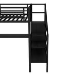 Lit mezzanine double/grand format en métal avec bureau en L et port USB, cadre de lit mezzanine avec armoire, étagère réglable et lumières LED, noir/blanc cassé - ModernLuxe