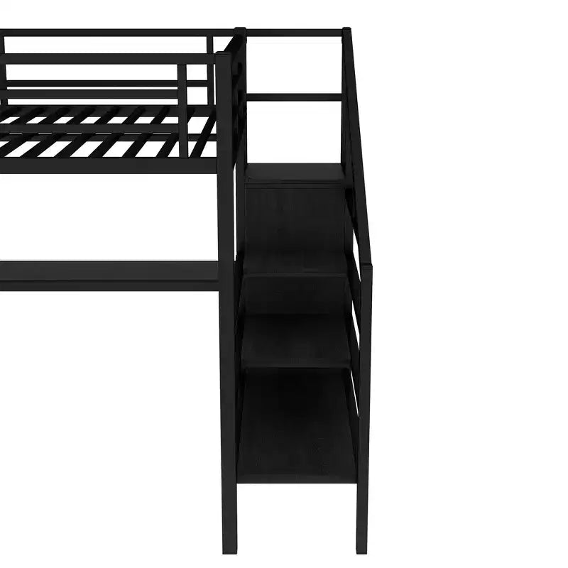 Lit mezzanine double/grand format en métal avec bureau en L et port USB, cadre de lit mezzanine avec armoire, étagère réglable et lumières LED, noir/blanc cassé - ModernLuxe