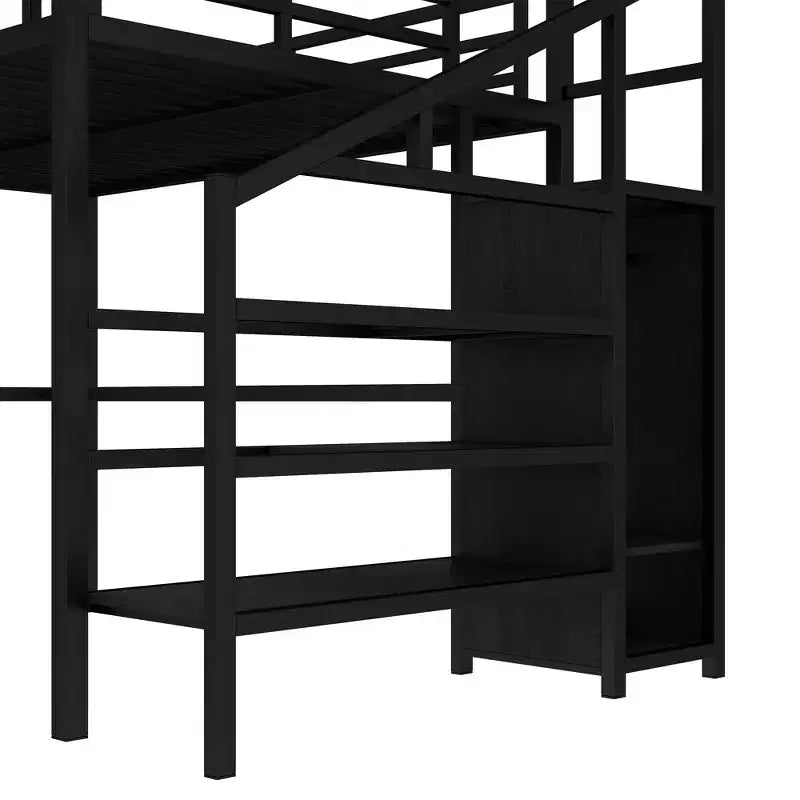 Lit mezzanine double/grand format en métal avec bureau en L et port USB, cadre de lit mezzanine avec armoire, étagère réglable et lumières LED, noir/blanc cassé - ModernLuxe