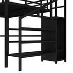 Lit mezzanine double/grand format en métal avec bureau en L et port USB, cadre de lit mezzanine avec armoire, étagère réglable et lumières LED, noir/blanc cassé - ModernLuxe