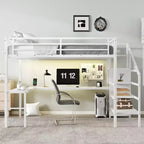 Lit mezzanine double/grand format en métal avec bureau en L et port USB, cadre de lit mezzanine avec armoire, étagère réglable et lumières LED, noir/blanc cassé - ModernLuxe