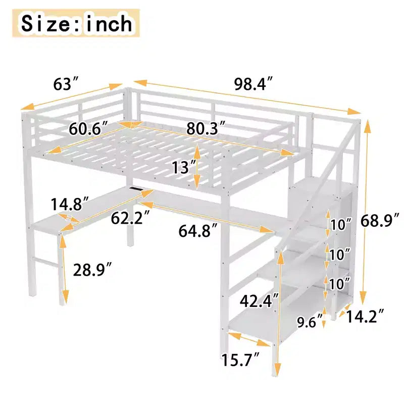 Lit mezzanine double/grand format en métal avec bureau en L et port USB, cadre de lit mezzanine avec armoire, étagère réglable et lumières LED, noir/blanc cassé - ModernLuxe