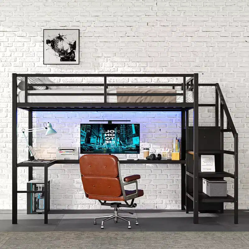 Lit mezzanine double/grand format en métal avec bureau en L et port USB, cadre de lit mezzanine avec armoire, étagère réglable et lumières LED, noir/blanc cassé - ModernLuxe