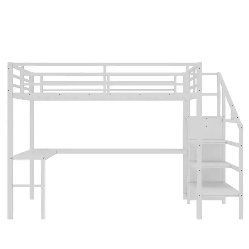 Lit mezzanine double/grand format en métal avec bureau en L et port USB, cadre de lit mezzanine avec armoire, étagère réglable et lumières LED, noir/blanc cassé - ModernLuxe
