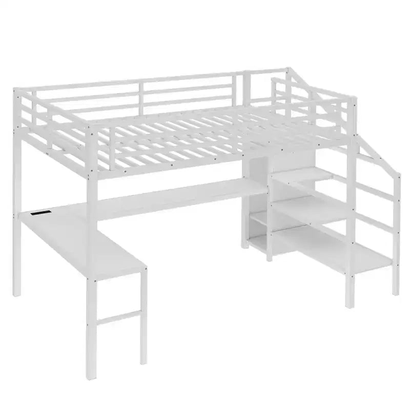 Lit mezzanine double/grand format en métal avec bureau en L et port USB, cadre de lit mezzanine avec armoire, étagère réglable et lumières LED, noir/blanc cassé - ModernLuxe