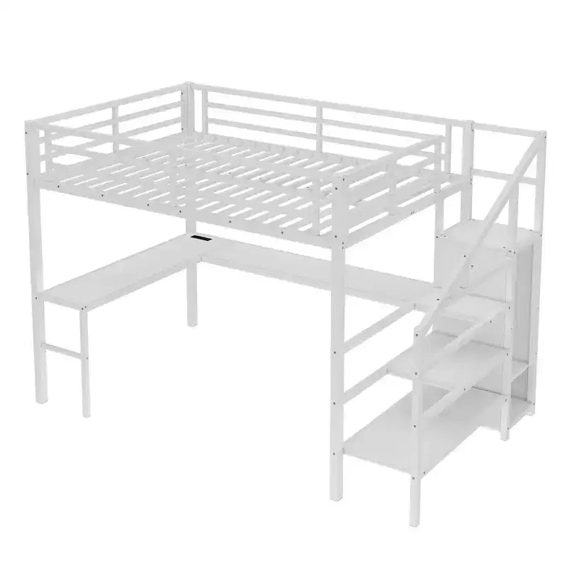 Lit mezzanine double/grand format en métal avec bureau en L et port USB, cadre de lit mezzanine avec armoire, étagère réglable et lumières LED, noir/blanc cassé - ModernLuxe