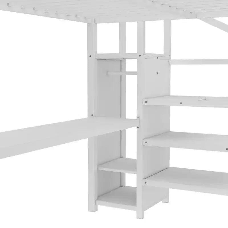 Lit mezzanine double/grand format en métal avec bureau en L et port USB, cadre de lit mezzanine avec armoire, étagère réglable et lumières LED, noir/blanc cassé - ModernLuxe
