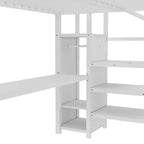 Lit mezzanine double/grand format en métal avec bureau en L et port USB, cadre de lit mezzanine avec armoire, étagère réglable et lumières LED, noir/blanc cassé - ModernLuxe