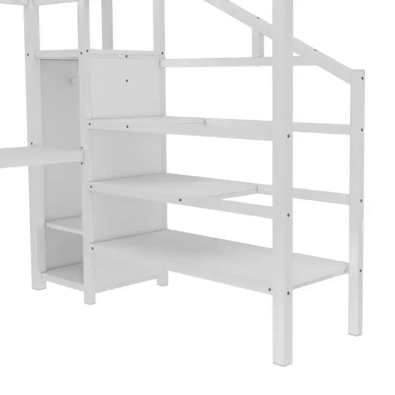 Lit mezzanine double/grand format en métal avec bureau en L et port USB, cadre de lit mezzanine avec armoire, étagère réglable et lumières LED, noir/blanc cassé - ModernLuxe