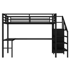 Lit mezzanine double/grand format en métal avec bureau en L et port USB, cadre de lit mezzanine avec armoire, étagère réglable et lumières LED, noir/blanc cassé - ModernLuxe