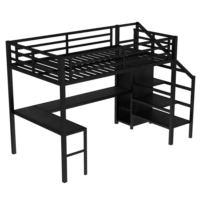 Lit mezzanine double/grand format en métal avec bureau en L et port USB, cadre de lit mezzanine avec armoire, étagère réglable et lumières LED, noir/blanc cassé - ModernLuxe