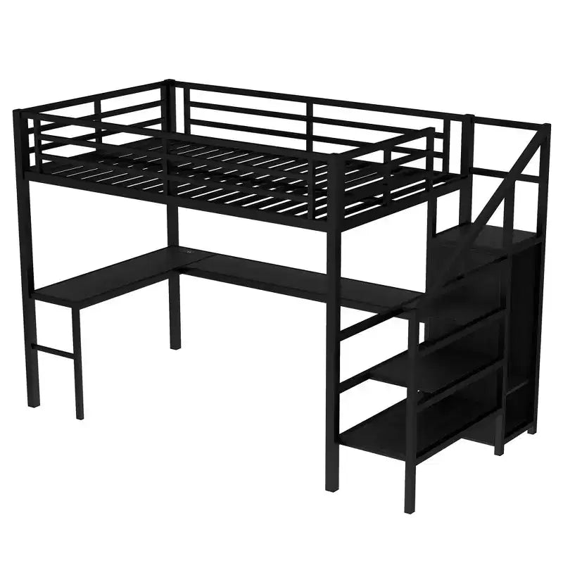 Lit mezzanine double/grand format en métal avec bureau en L et port USB, cadre de lit mezzanine avec armoire, étagère réglable et lumières LED, noir/blanc cassé - ModernLuxe