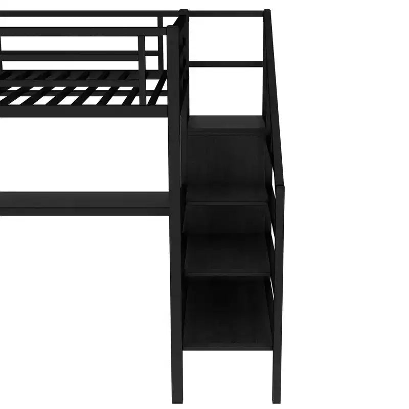 Lit mezzanine double/grand format en métal avec bureau en L et port USB, cadre de lit mezzanine avec armoire, étagère réglable et lumières LED, noir/blanc cassé - ModernLuxe