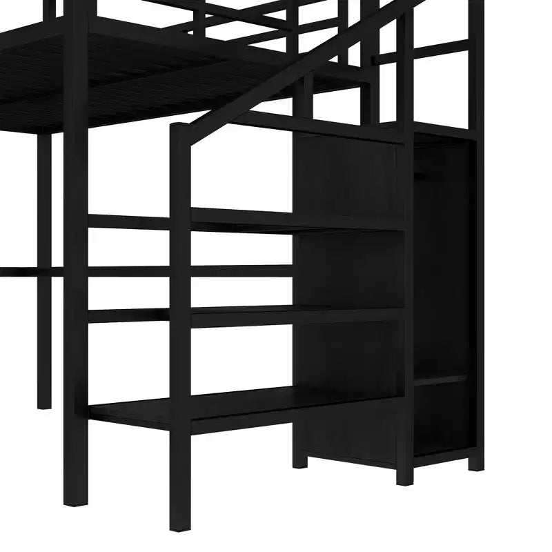 Lit mezzanine double/grand format en métal avec bureau en L et port USB, cadre de lit mezzanine avec armoire, étagère réglable et lumières LED, noir/blanc cassé - ModernLuxe