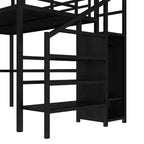 Lit mezzanine double/grand format en métal avec bureau en L et port USB, cadre de lit mezzanine avec armoire, étagère réglable et lumières LED, noir/blanc cassé - ModernLuxe