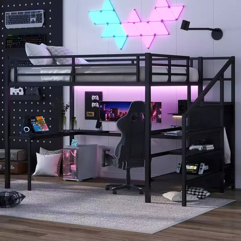 Lit mezzanine double/grand format en métal avec bureau en L et port USB, cadre de lit mezzanine avec armoire, étagère réglable et lumières LED, noir/blanc cassé - ModernLuxe