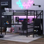 Lit mezzanine double/grand format en métal avec bureau en L et port USB, cadre de lit mezzanine avec armoire, étagère réglable et lumières LED, noir/blanc cassé - ModernLuxe