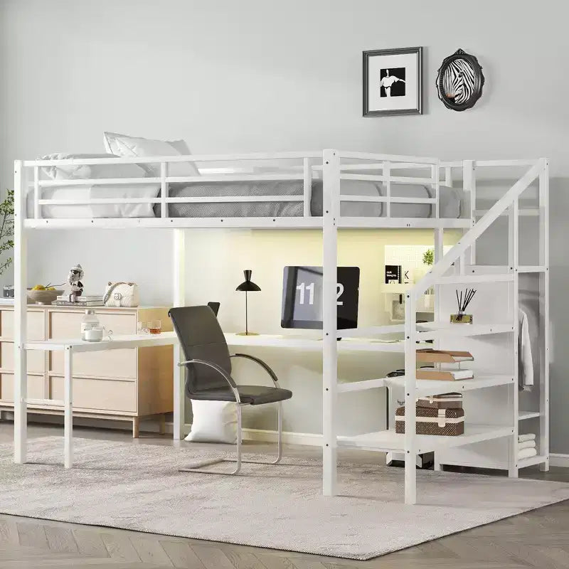Lit mezzanine double/grand format en métal avec bureau en L et port USB, cadre de lit mezzanine avec armoire, étagère réglable et lumières LED, noir/blanc cassé - ModernLuxe