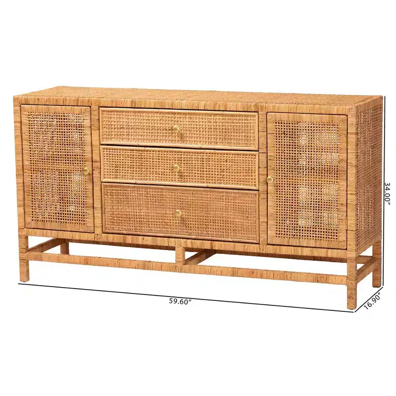 Meuble de rangement à 3 tiroirs bali & pari Vivan en rotin miel de Bohème et bois d'acajou