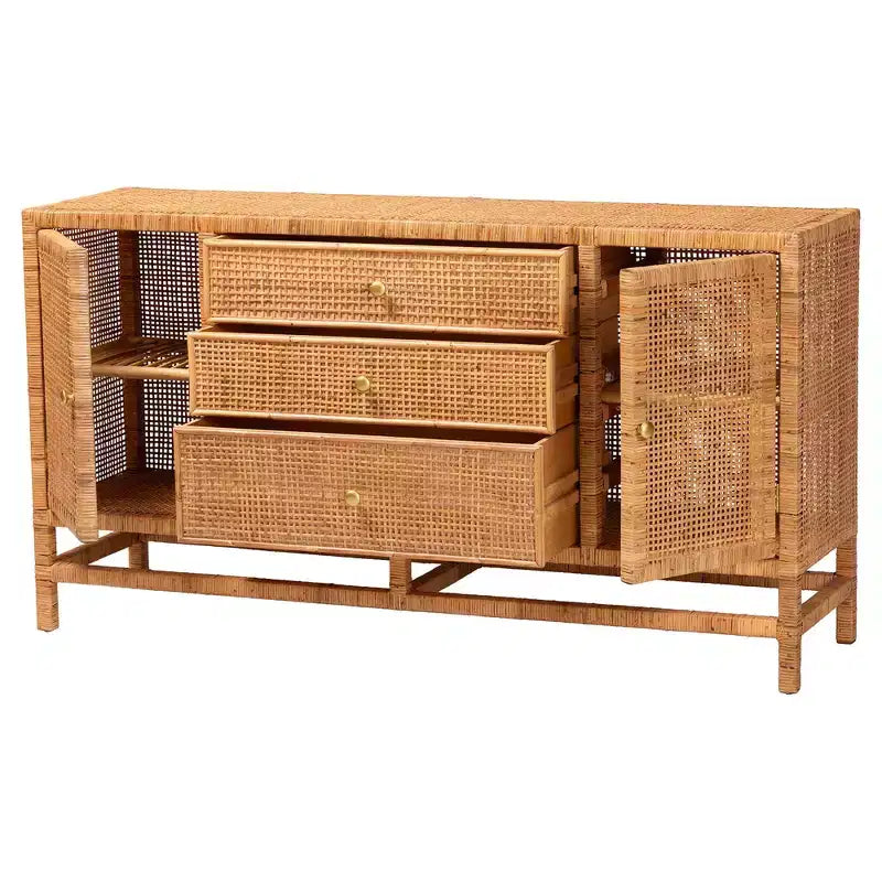 Meuble de rangement à 3 tiroirs bali & pari Vivan en rotin miel de Bohème et bois d'acajou