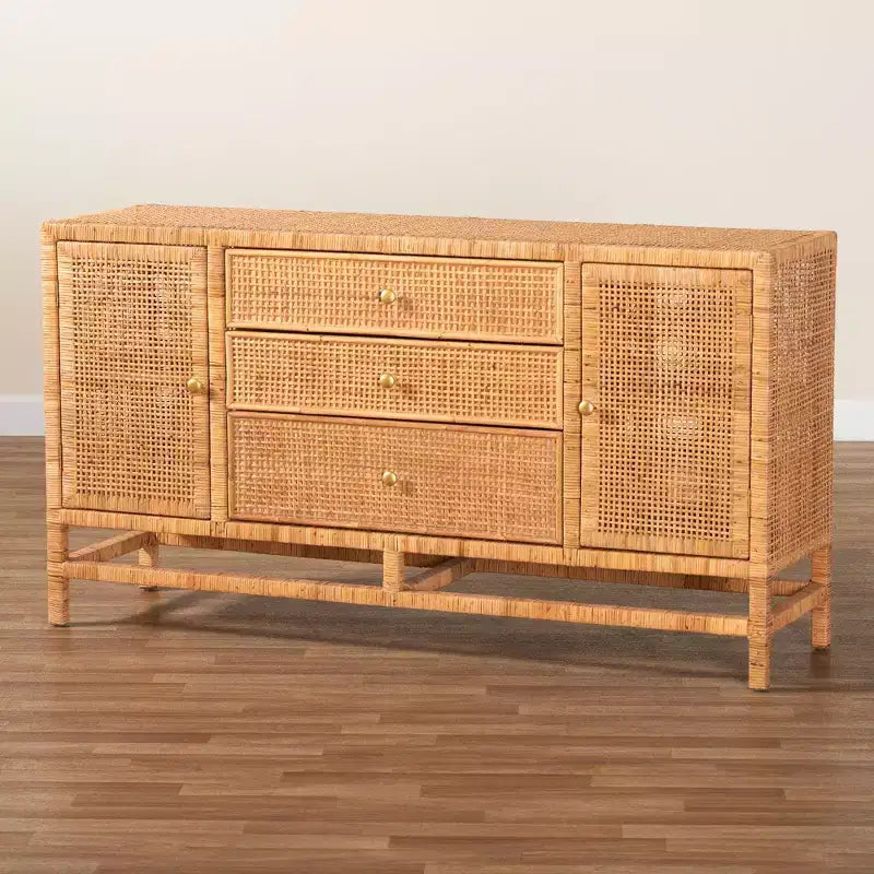 Meuble de rangement à 3 tiroirs bali & pari Vivan en rotin miel de Bohème et bois d'acajou