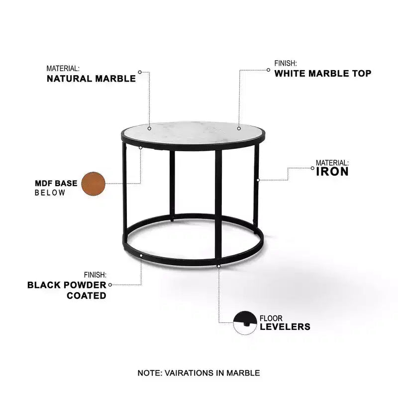 Table d'appoint Royal Hampton 23 pouces, plateau rond en marbre moderne, cadre en fer classique