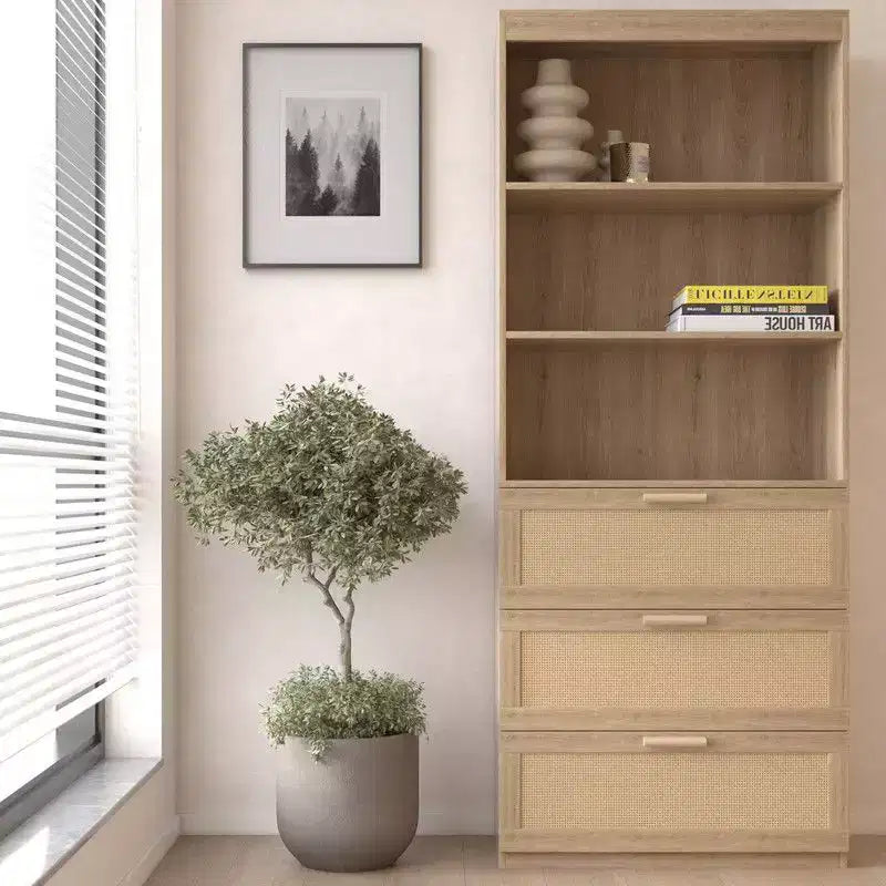 Meuble de rangement haut Karl Home, bibliothèque en rotin avec 3 tiroirs