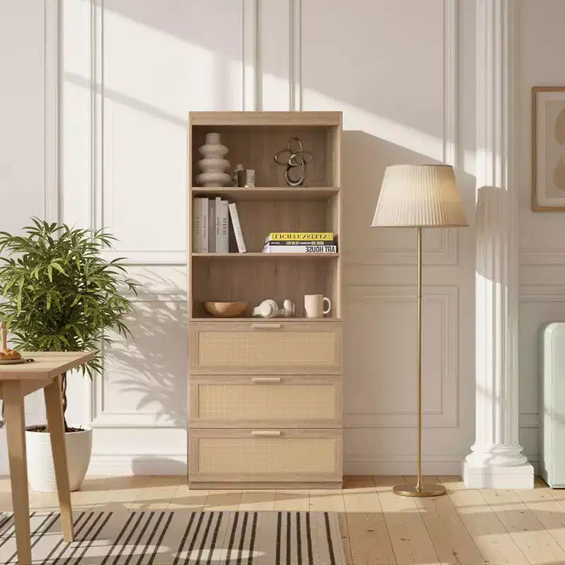 Meuble de rangement haut Karl Home, bibliothèque en rotin avec 3 tiroirs