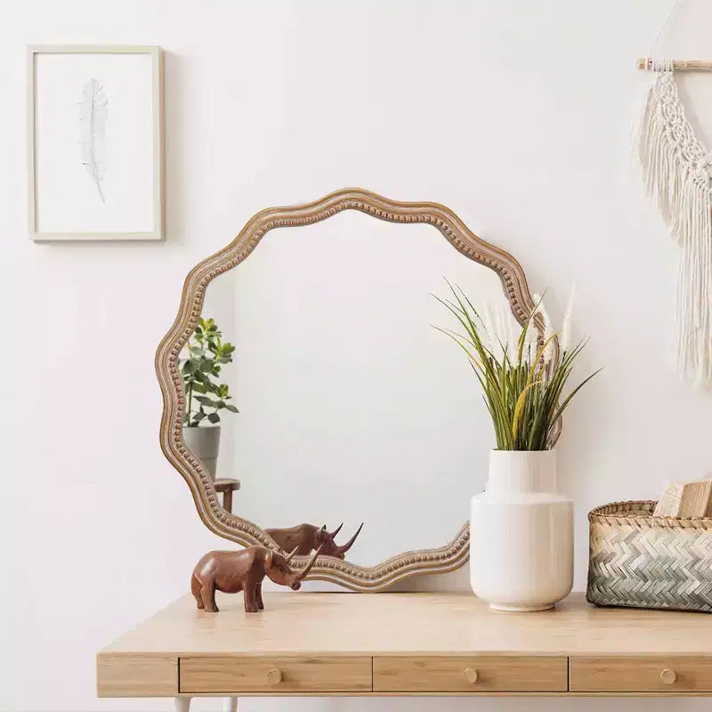 MAYEERTY 23.63 Miroir mural rond ondulé en bois Décor de ferme moderne Miroir festonné pour salle de bain et salon
