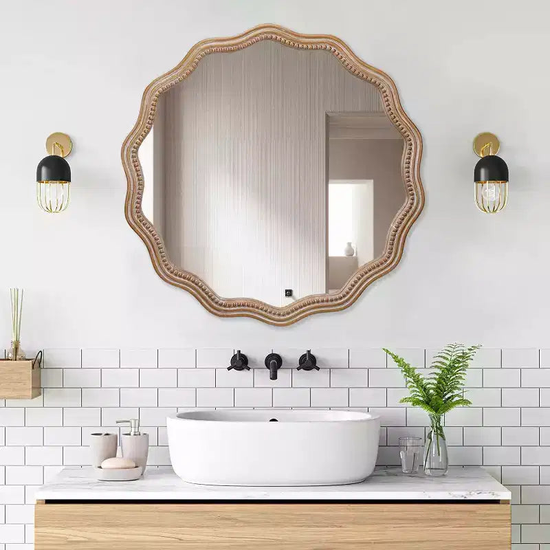 MAYEERTY 23.63 Miroir mural rond ondulé en bois Décor de ferme moderne Miroir festonné pour salle de bain et salon