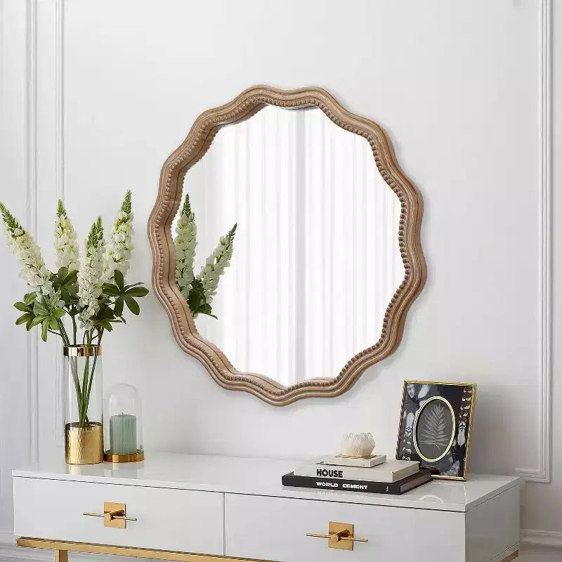 MAYEERTY 23.63 Miroir mural rond ondulé en bois Décor de ferme moderne Miroir festonné pour salle de bain et salon