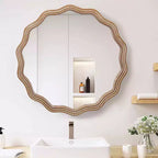 MAYEERTY 23.63 Miroir mural rond ondulé en bois Décor de ferme moderne Miroir festonné pour salle de bain et salon