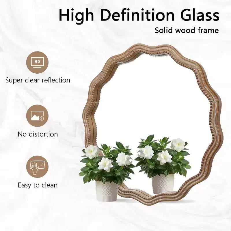 MAYEERTY 23.63 Miroir mural rond ondulé en bois Décor de ferme moderne Miroir festonné pour salle de bain et salon