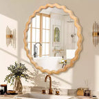 MAYEERTY Miroir mural rond en bois ondulé de 27,5 po, bord blanchi, miroir décoratif pour salle de bain, chambre à coucher, salon