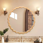 MAYEERTY Miroir mural rond en bois ondulé de 27,5 po, bord blanchi, miroir décoratif pour salle de bain, chambre à coucher, salon