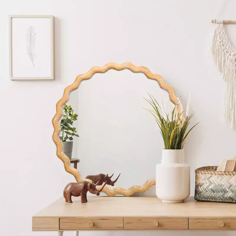 MAYEERTY Miroir mural rond en bois ondulé de 27,5 po, bord blanchi, miroir décoratif pour salle de bain, chambre à coucher, salon