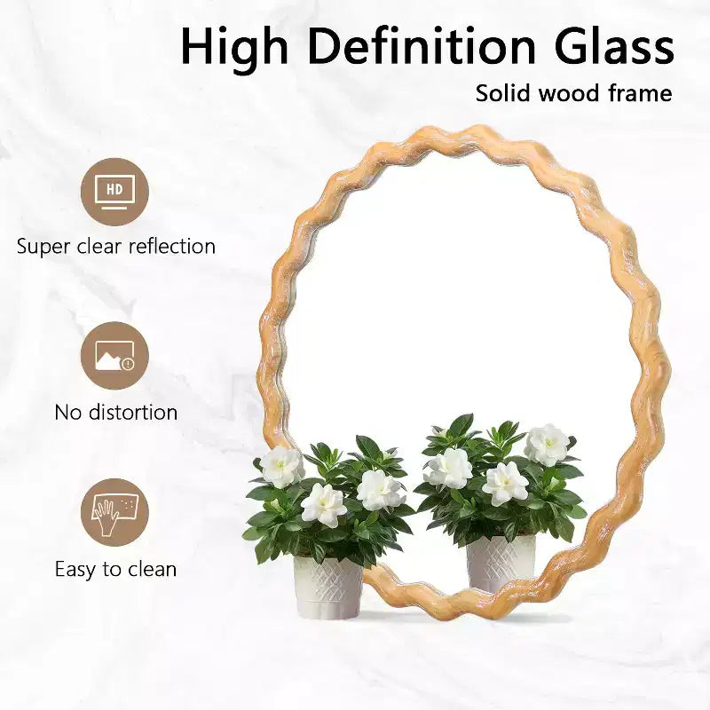 MAYEERTY Miroir mural rond en bois ondulé de 27,5 po, bord blanchi, miroir décoratif pour salle de bain, chambre à coucher, salon