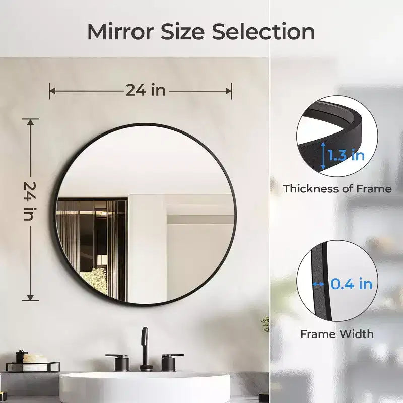 USHOWER Miroir Rond Noir pour Dessus d'Évier 24 Pouces, Miroir de Salle de Bain Circulaire, Miroir de Coiffeuse à Cadre Métallique, Miroir Mural Moderne pour Entrée Salon