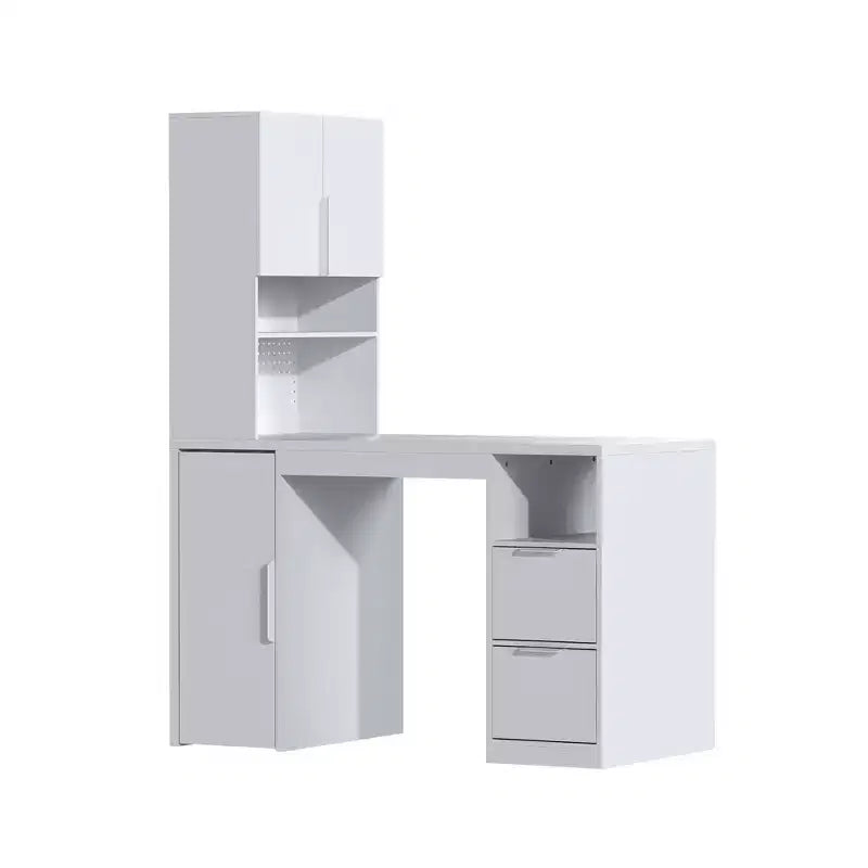 Bureau d'ordinateur Famapy 61,4H blanc avec étagère supérieure, armoire mobile, table d'écriture avec panneau perforé et roulettes verrouillables