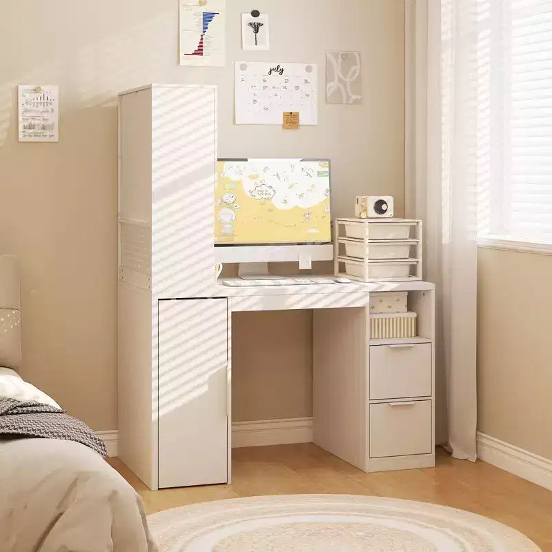 Bureau d'ordinateur Famapy 61,4H blanc avec étagère supérieure, armoire mobile, table d'écriture avec panneau perforé et roulettes verrouillables