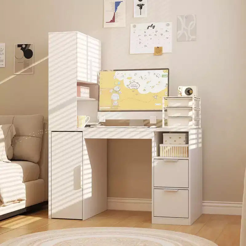 Bureau d'ordinateur Famapy 61,4H blanc avec étagère supérieure, armoire mobile, table d'écriture avec panneau perforé et roulettes verrouillables