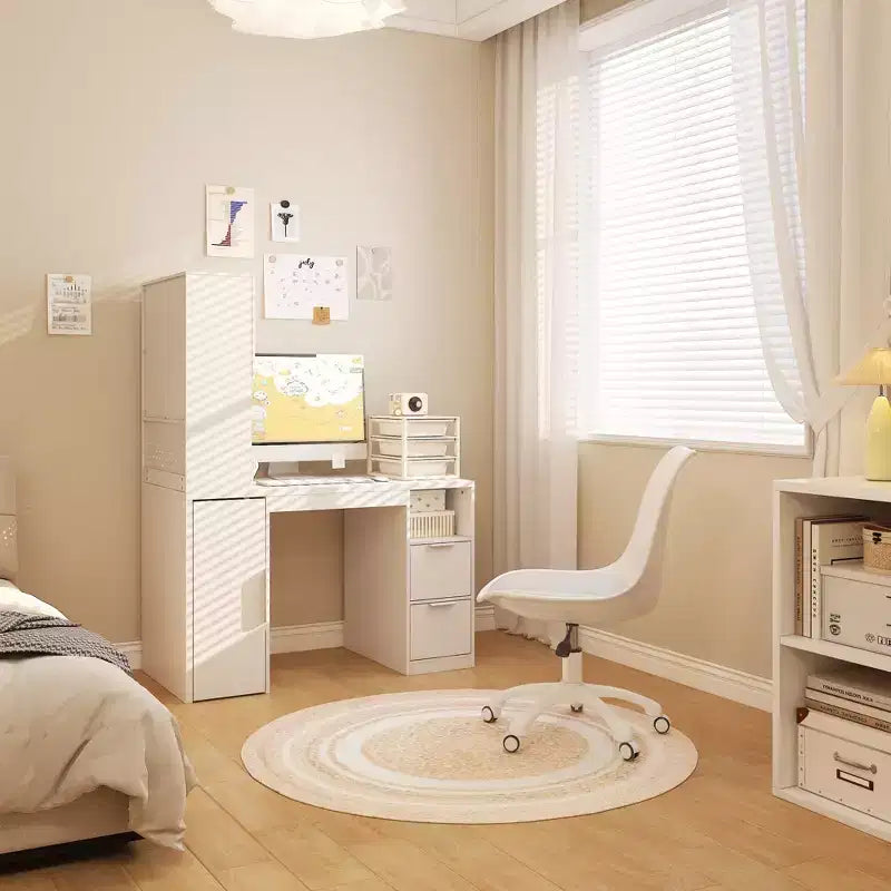 Bureau d'ordinateur Famapy 61,4H blanc avec étagère supérieure, armoire mobile, table d'écriture avec panneau perforé et roulettes verrouillables