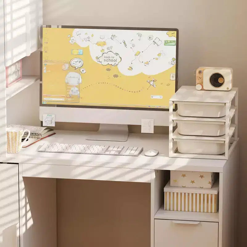 Bureau d'ordinateur Famapy 61,4H blanc avec étagère supérieure, armoire mobile, table d'écriture avec panneau perforé et roulettes verrouillables