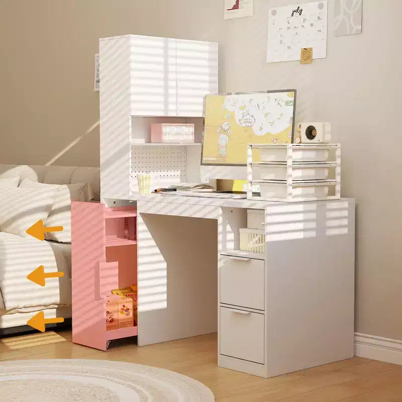 Bureau d'ordinateur Famapy 61,4H blanc avec étagère supérieure, armoire mobile, table d'écriture avec panneau perforé et roulettes verrouillables
